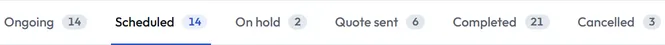 The status tabs on the Jobs screen in Steddy, each with a count: Ongoing, Scheduled, On hold, Quote sent, Completed and Cancelled.